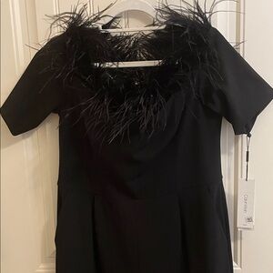 Calvin Klein Black Evening Jumpsuit wideleg with Feather Detail